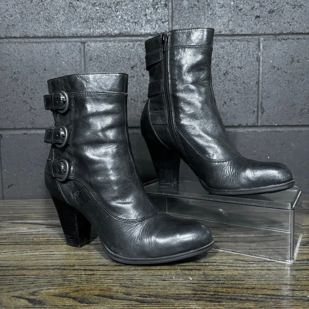 Born Black Leather Buckle Ankle Boots High Heel Moto Western Booties Womens 8.5